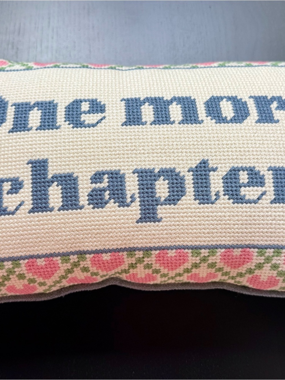 Decorative 'One More Chapter' Cross-Stitch Accent Pillow - Cream and Blue